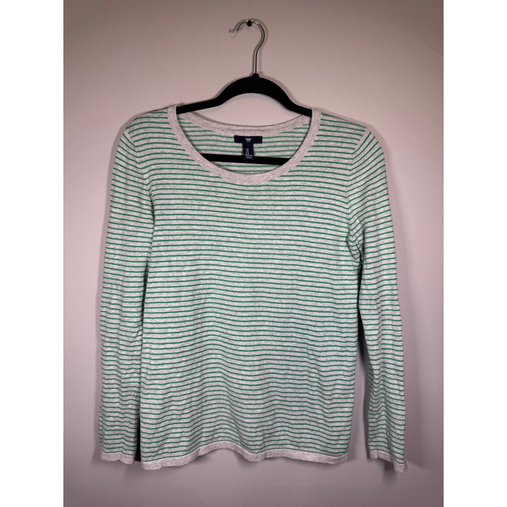 Y2K Gap Gray Green Striped Crew Neck Long Sleeve Knit Sweater Top